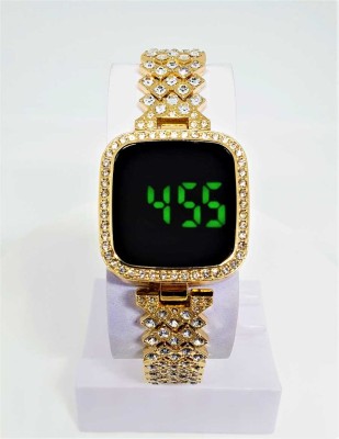 New Trend Fashion Steel Chain Diamond Women Watch Full Diamond Touch Screen LED Water Diamond Bracelet Watch (Golden)